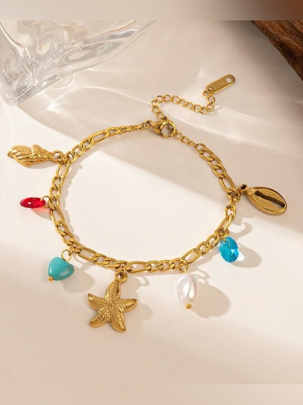 18K Gold Plated Starfish Charm Bracelet Shell Pearl Coastal Beach Adjustable NEW
